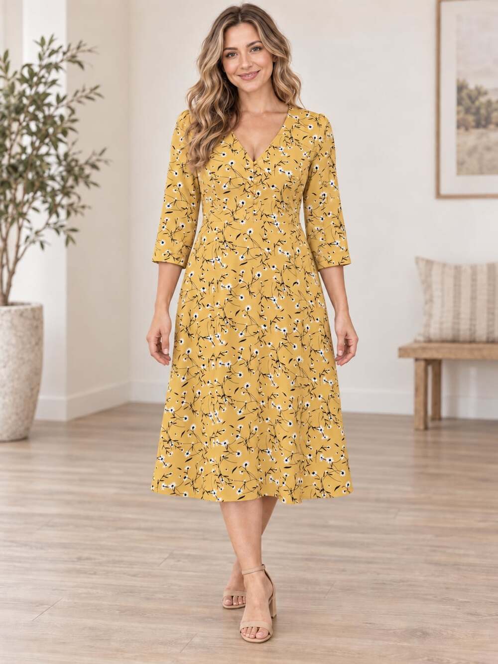 Orange Creek Yellow Floral V Neck Midi Dress 3/4 Sleeve L Cottagecore